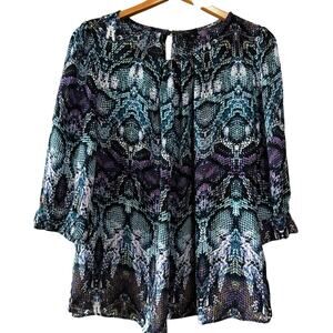 Womens Blouse Snake animal Print Blue Purple black  Boho light flowy Sz-L